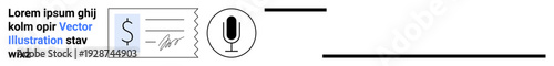Financial operations, payment processing, online communication, digital media, online transactions, modern business. Check with a dollar sign and microphone icon. Financial operations