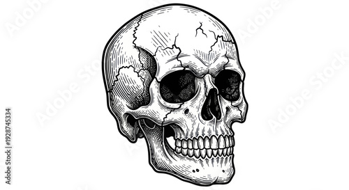 Detailed Human Skull Engraving Illustration with Cracks and Shading.