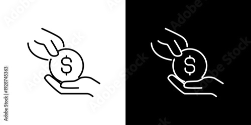 Line art icon of a hand giving a dollar coin to another hand, symbolizing financial transactions, charity, donation, payment, and monetary exchange concepts