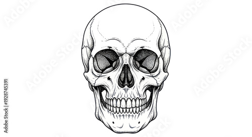 Detailed Human Skull Drawing with Shading and Realistic Proportions.