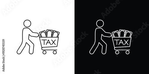 Single icon of concept of paying taxes with a shopping cart full of money in a minimalist outline style