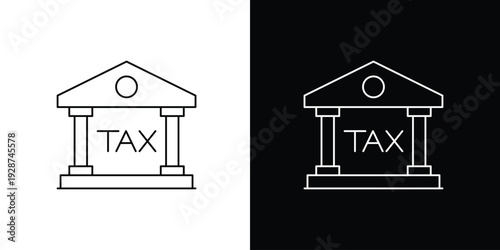 Simple outline icon illustration of a stylized building with 'TAX' on its facade, representing taxation, governmental finance, and public revenue systems
