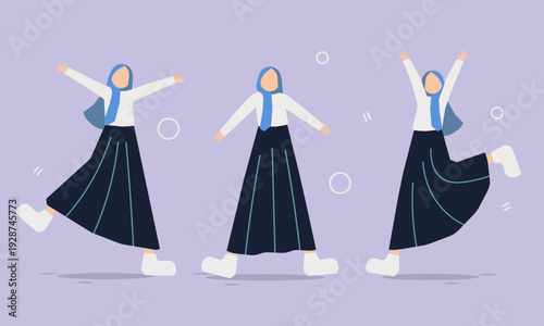 The illustration showcases three female characters in various joyful actions—leaping, dancing, and spreading their arms wide. These poses are carefully crafted to convey a sense of liberation, happine