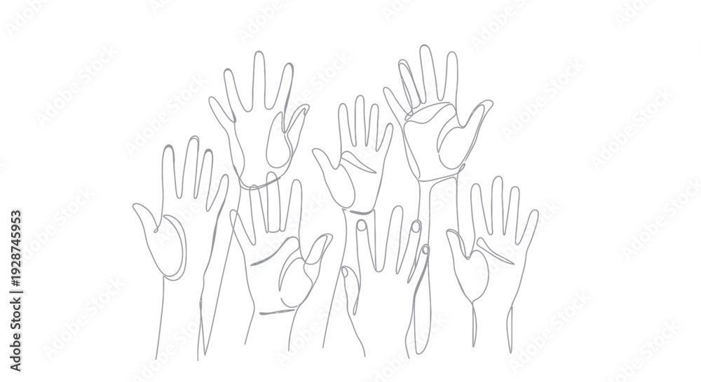 Obraz premium Diverse group of hands raised in unity and participation.