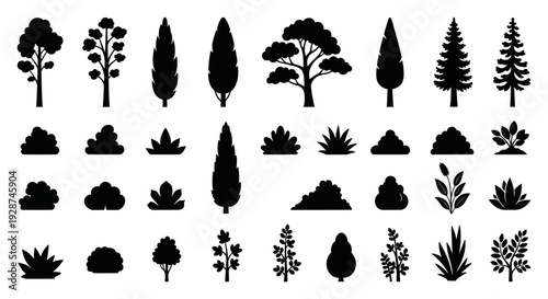 Diverse collection of tree and bush silhouettes, showcasing various plant forms and sizes.