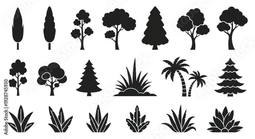 Diverse Collection of Tree and Plant Silhouettes for Nature and Environment Designs.