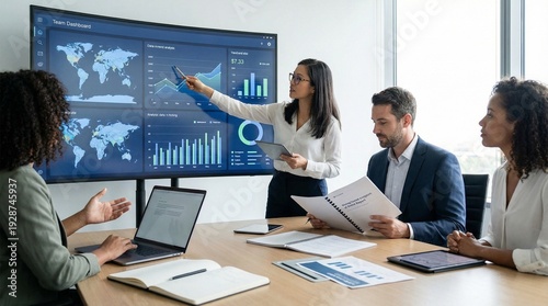 Business team analyzing global financial data on a large screen presenting charts and graphs for strategy meeting modern office environment