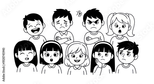 Diverse Group of Children Expressing Various Emotions in Hand-Drawn Style.
