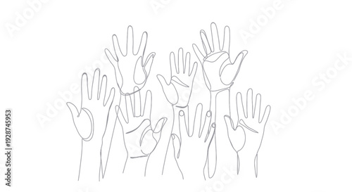 Diverse group of hands raised in unity and participation.