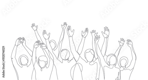 Group of people cheering and raising hands in celebration.