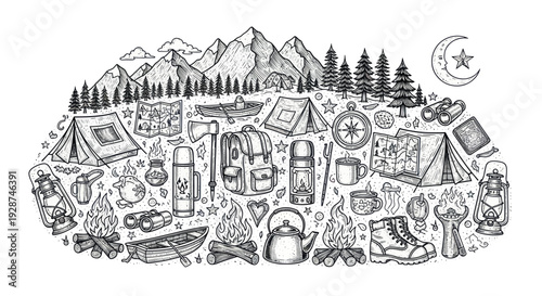 Hand drawn camping and hiking essentials with mountain landscape.