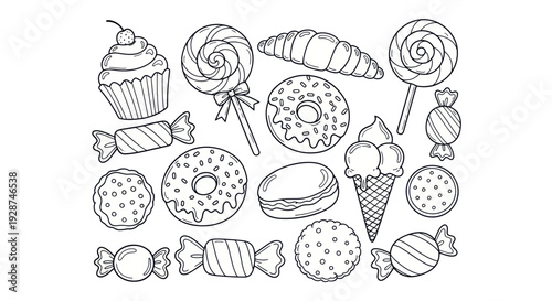 Hand drawn doodle set of various sweet desserts and candies.