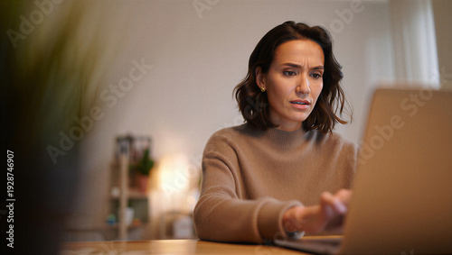 Worried homeowner scrutinizing an unexpected spike in digital utility bills during a late evening personal finance review.