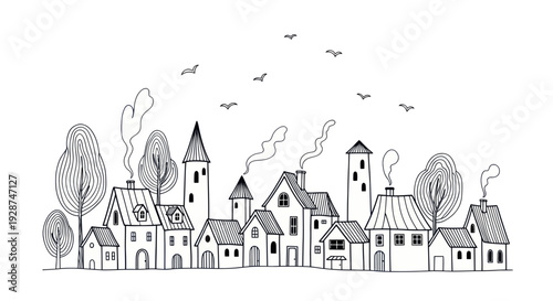 Hand drawn sketch of a charming European town with houses and trees.