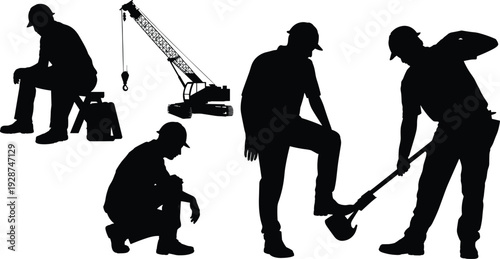 Construction worker silhouettes, crane equipment, toolbox sitting, squatting labor, shovel digging, hard hat safety, industrial site, building industry artwork