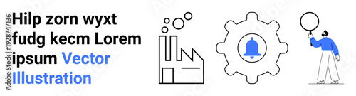 Factory building with bubbles symbolizing production, gear with bell for notifications, person holding a balloon symbolizing creativity. Ideal for industry, automation, teamwork, notification system