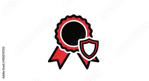 Red and black rosette badge with shield emblem