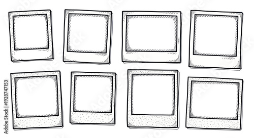 Hand Drawn Sketch of Eight Blank Instant Photo Frames.