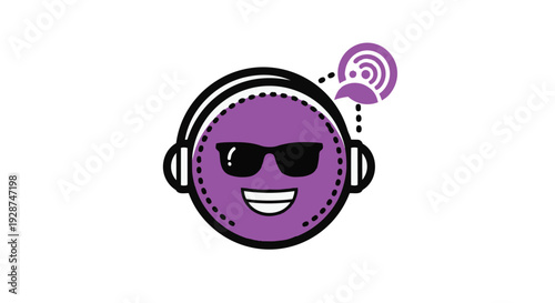 A purple emoticon wearing headphones and sunglasses with a speech bubble
