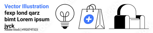 Innovation, healthcare, shopping, furniture, home comfort, retail design. Light bulb, shopping bag with medical cross armchair. Innovation and healthcare concept through versatile symbols