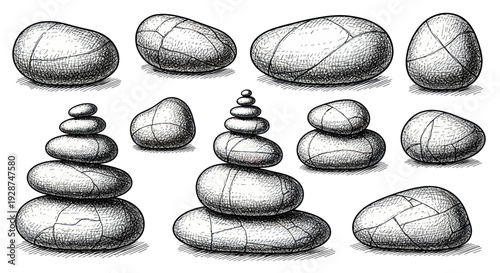 Hand drawn sketch of balanced zen stones and various pebbles.