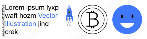 Cryptocurrency, digital currency trends, blockchain, innovation, finance, tech evolution. Bitcoin symbol, rocket icon and happy face design. cryptocurrency and digital currency trends concept