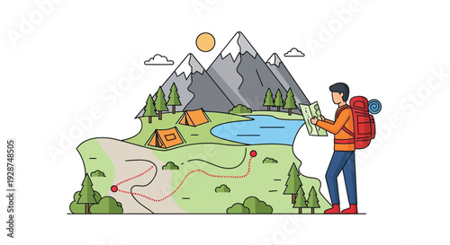 A person with a backpack and map exploring a mountainous landscape with a lake, trees, and tents, illustrating outdoor adventure and camping.