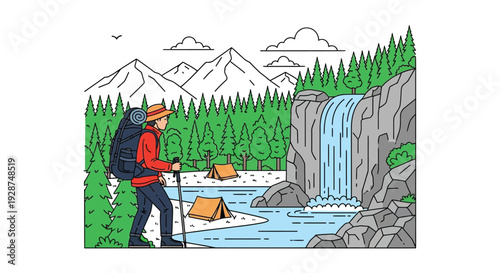 A hiker with a backpack and trekking poles in a mountainous landscape with a forest, waterfall, river, and tents.