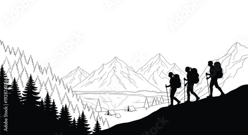 Three hikers with backpacks and poles ascend a mountain path, overlooking a vast landscape of peaks, forests, and a lake with tents.