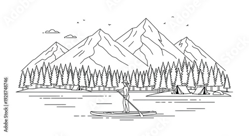Line art illustration of a person paddleboarding on a lake with mountains, a forest, and camping tents in the background, depicting outdoor adventure.