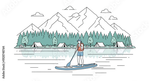 Line art illustration of a person paddleboarding on a serene lake with mountains, forest, and camping tents in the background, depicting outdoor leisure.