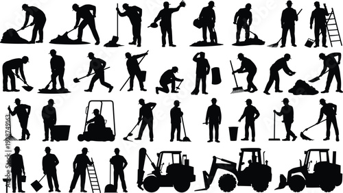 Construction worker silhouettes, manual labor tasks, shoveling dirt, sweeping floor, wheelbarrow pushing, forklift tractor, ladder climbing, industrial site artwork
