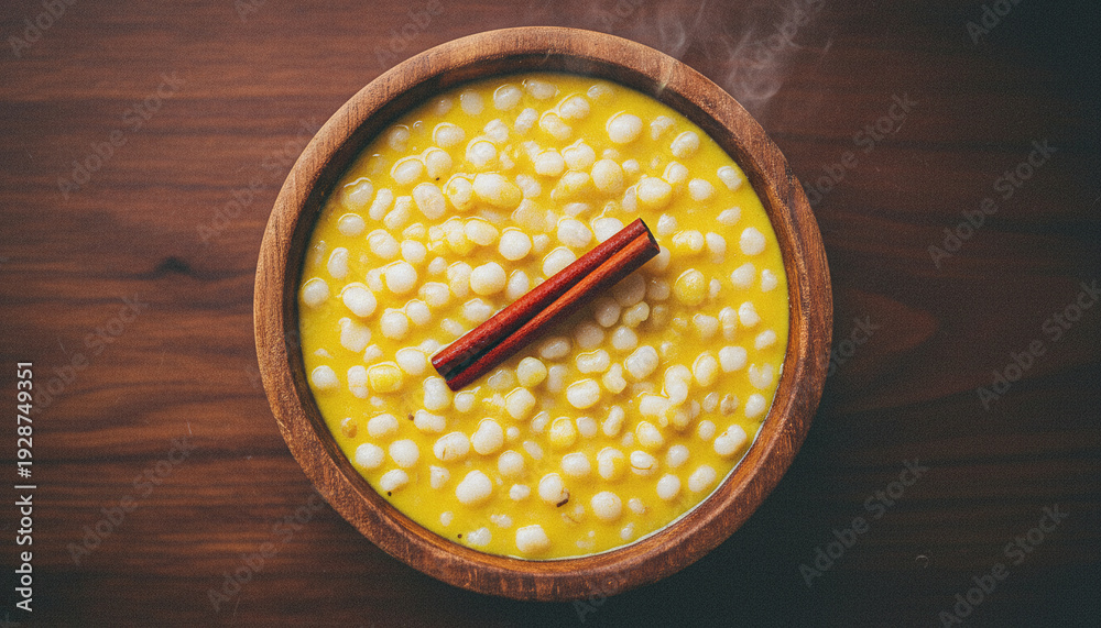 Fototapeta premium a wooden bowl filled with yellow soup, white bean-like shapes.