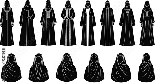 Islamic fashion silhouettes, abaya designs, hijab styles, modest clothing, cultural attire, traditional wear, headscarf draping, elegant modest fashion artwork