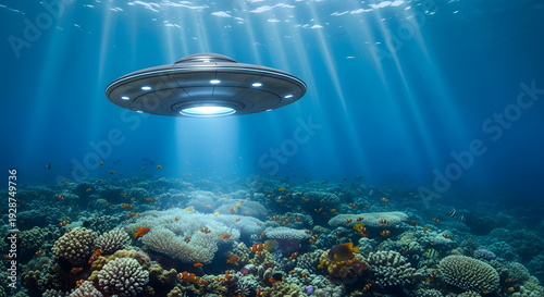 Mysterious UFO hovering above vibrant coral reef underwater with sunlight rays