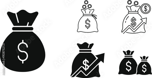 Various stylized icons representing money bags and financial growth trends are displayed together for concepts.