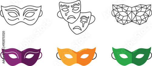 Collection of diverse masquerade masks illustrating comedy, tragedy, abstract, and Mardi Gras designs on white.