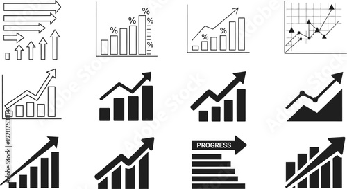Assortment of line and solid bar graph icons visually represent increasing business statistics, progress, and upward.