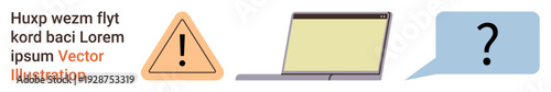 Warning signs, online learning, troubleshooting, safety messages, problem-solving, FAQ. Triangle with exclamation, laptop speech bubble with question mark. Warning signs and online learning concept