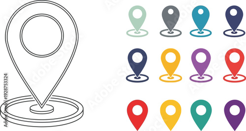 Collection of map pin icons displays various colors and styles including an outline version on a white background.