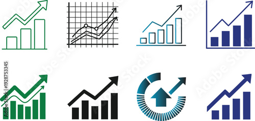 Set of eight ascending bar and line graphs illustrating upward trends in business progress and data analytics growth.