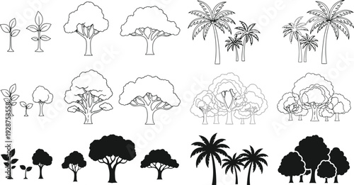 Assortment of tree icons illustrates plant growth stages from seedlings to mature deciduous and palm silhouettes.