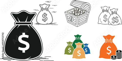 Collection of various money bags, coin stacks, and a treasure chest highlights financial accumulation and wealth.