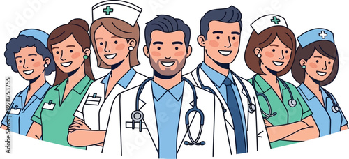 Diverse group of medical professionals including doctors and nurses stand together confidently representing healthcare.