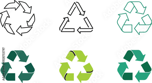 Multiple variations of the universal recycling symbol are shown in line art and solid fill styles for environmental.