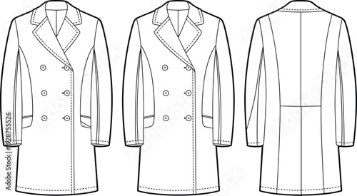 Black and white vector illustration of women double breasted long coat, front, side and back views, fashion technical drawing template isolated on gray background
