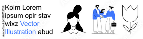 Business interaction, teamwork, professional communication, digital identity, design concepts, creativity. Two people shaking hands, a female avatar and a tulip. Business collaboration and teamwork