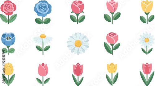 Floral Fantasy: A delightful assortment of stylized flowers in various forms and hues, a celebration of floral variety and aesthetic charm.