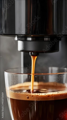 Close-up of coffee machine dispensing espresso into a cup.