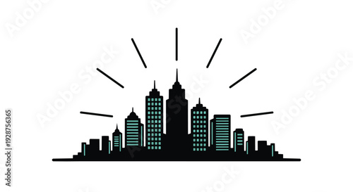 City skyline silhouette with sunburst